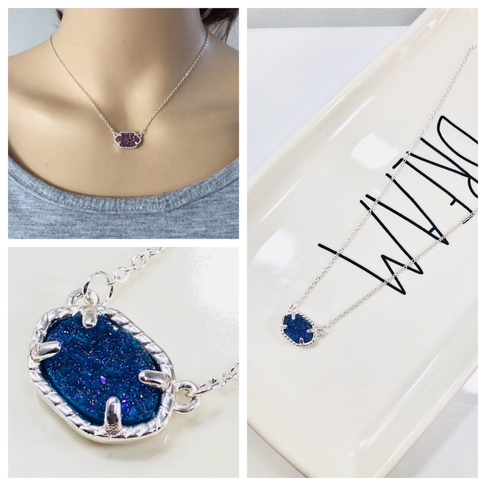 Womens Necklace Pendant Drusy Stone Silver Blue